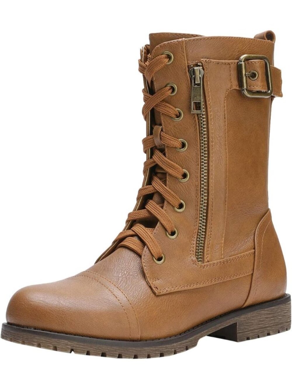 Women’s Camel Mid-Calf With Built-in Wallet Pocket and Side Zipper Combat Boots